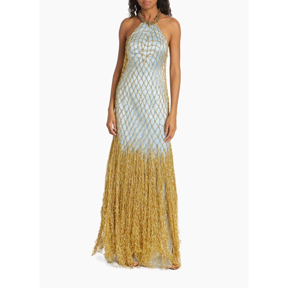 Ozgur Masur Halter Neck Fringe Beaded Gown